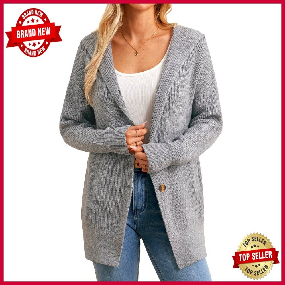 Oversized Hooded Cardigan Sweater With Pockets, Batwing Sleeves, Button Up
